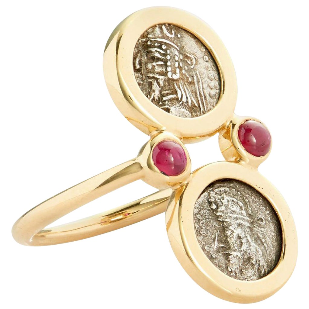 Dubini Kings of Persis Ancient Obol Silver Coin Ruby 18 Karat Yellow Gold Ring For Sale