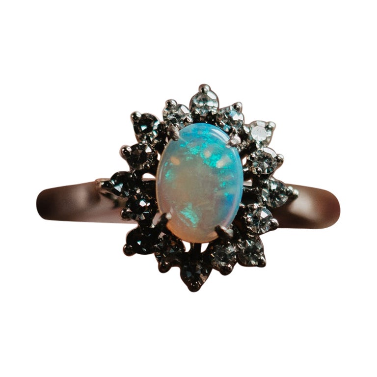 Exquisite Victorian Large Opal Diamond Gold and Sterling Ring at