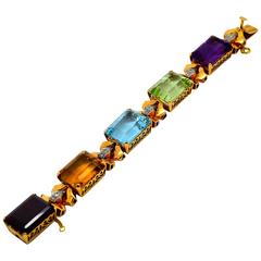 Retro 1940s Large Colored Gemstone Diamond Gold Bracelet