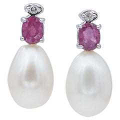Pearls, Rubies, Diamonds, 18 Karat White Gold Dangle Earrings