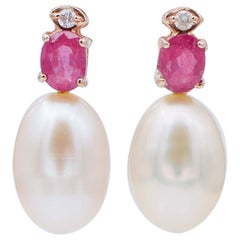 Pink Pearls, Rubies, Diamonds, 18 Karat Rose Gold Earrings
