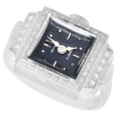 Retro Swiss Diamond 18k White Gold Dress Watch Ring by Bucherer, Circa 1970
