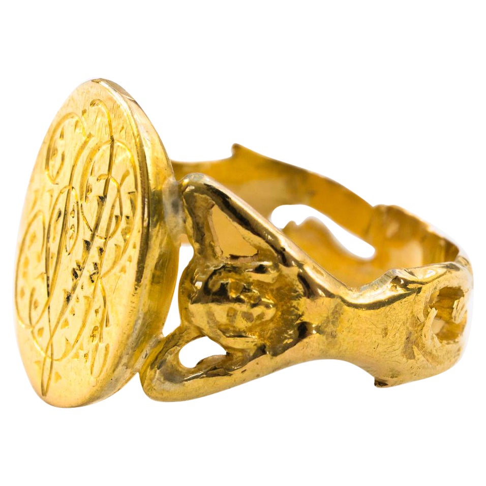 Antique Victorian Gold Monogram Ring, Antique 14k Gold Mermaid Signet Ring 1800s For Sale