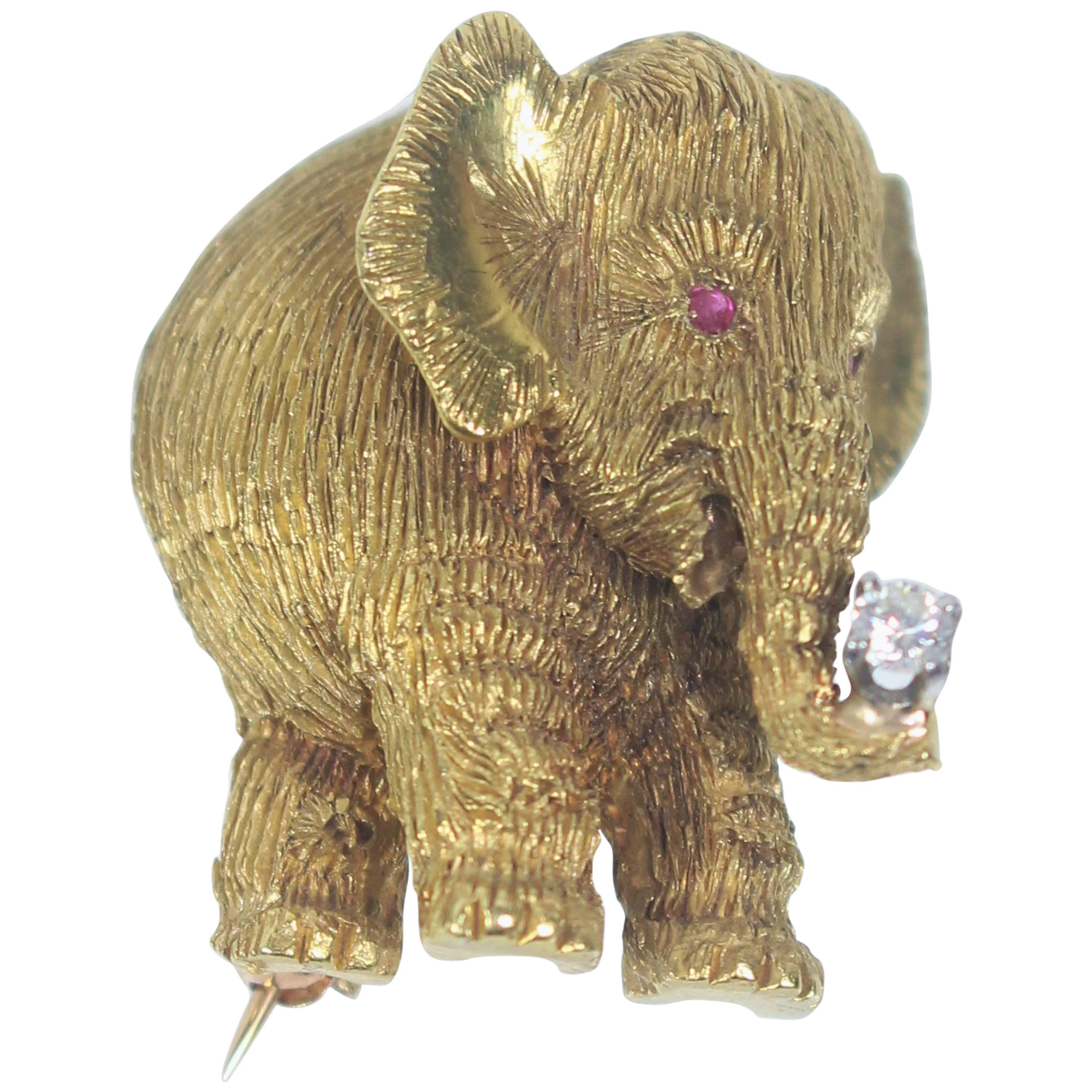 Gold Elephant Pendant or Pin with Diamond Trunk and Ruby Eyes