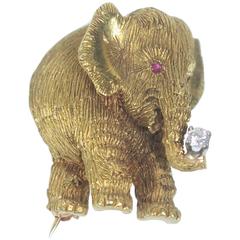 Vintage Gold Elephant Pendant or Pin with Diamond Trunk and Ruby Eyes