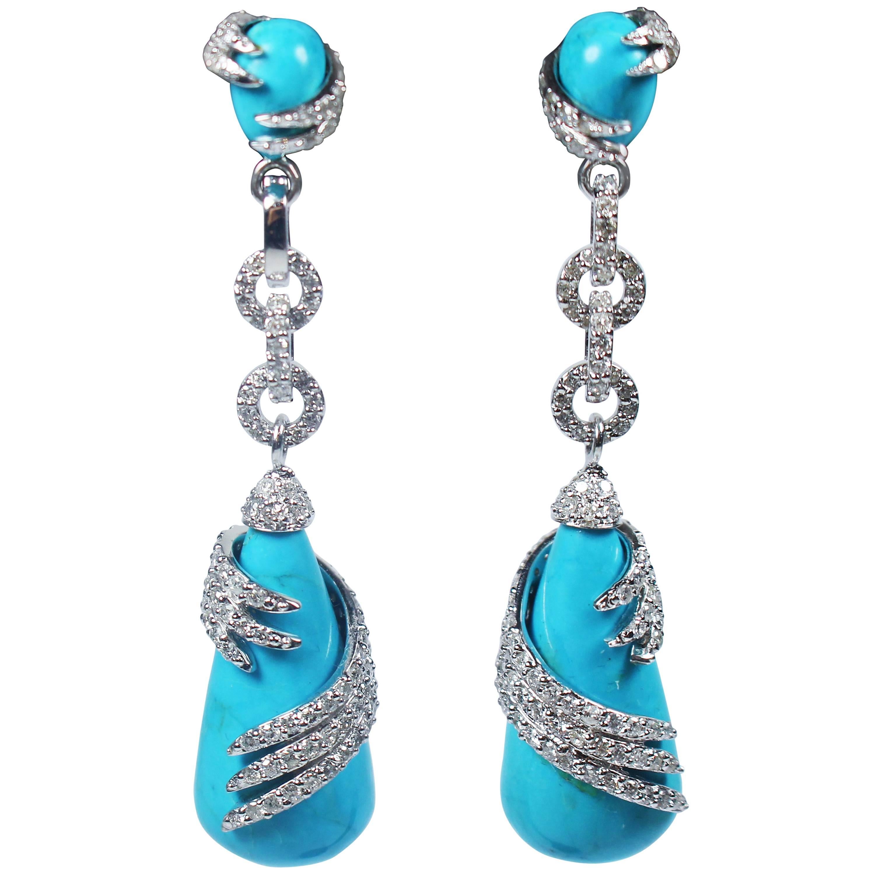 Turquoise Wrapped Diamond Pave Gold Detail Drop Earrings