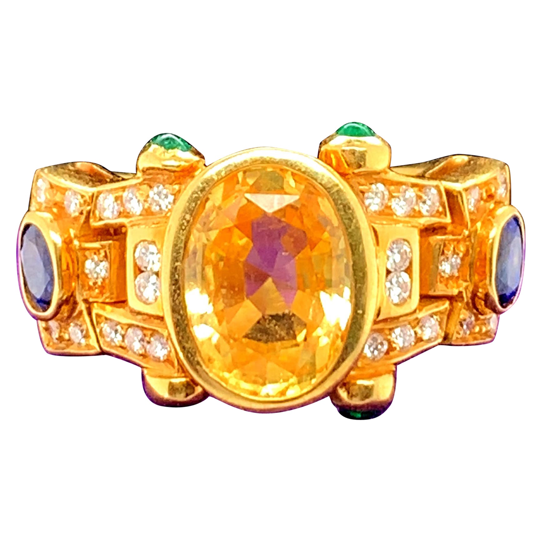 Bague cocktail en or jaune 18 carats avec saphir, diamant et émeraude