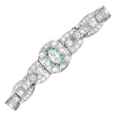 Antique Art Deco Diamond Emerald Platinum Filigree Bracelet