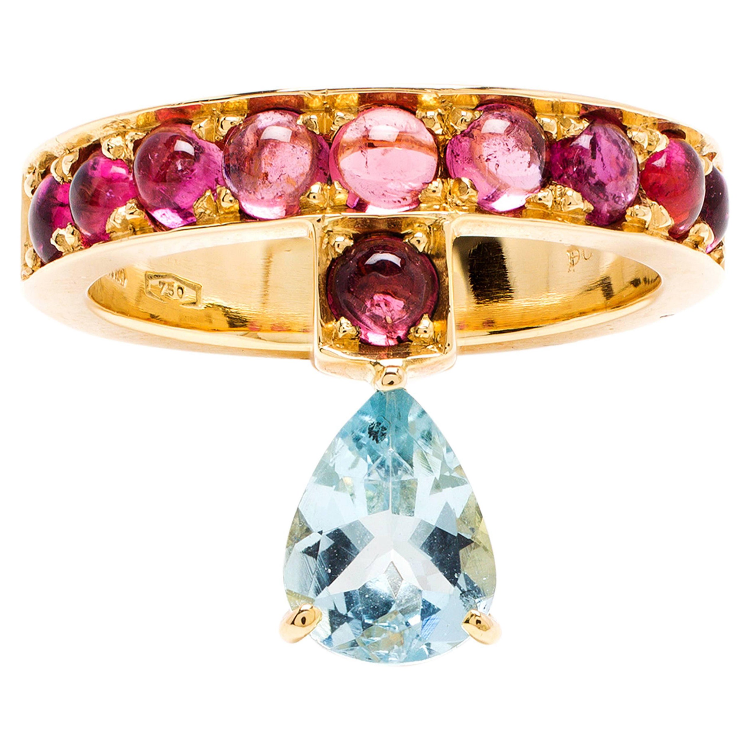 Dubini Theodora Aquamarine and Rubellite Tourmaline 18K Yellow Gold Ring