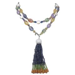 Faceted Multicolor Semiprecious Stone and Pearl Lariat with White Gold Finding