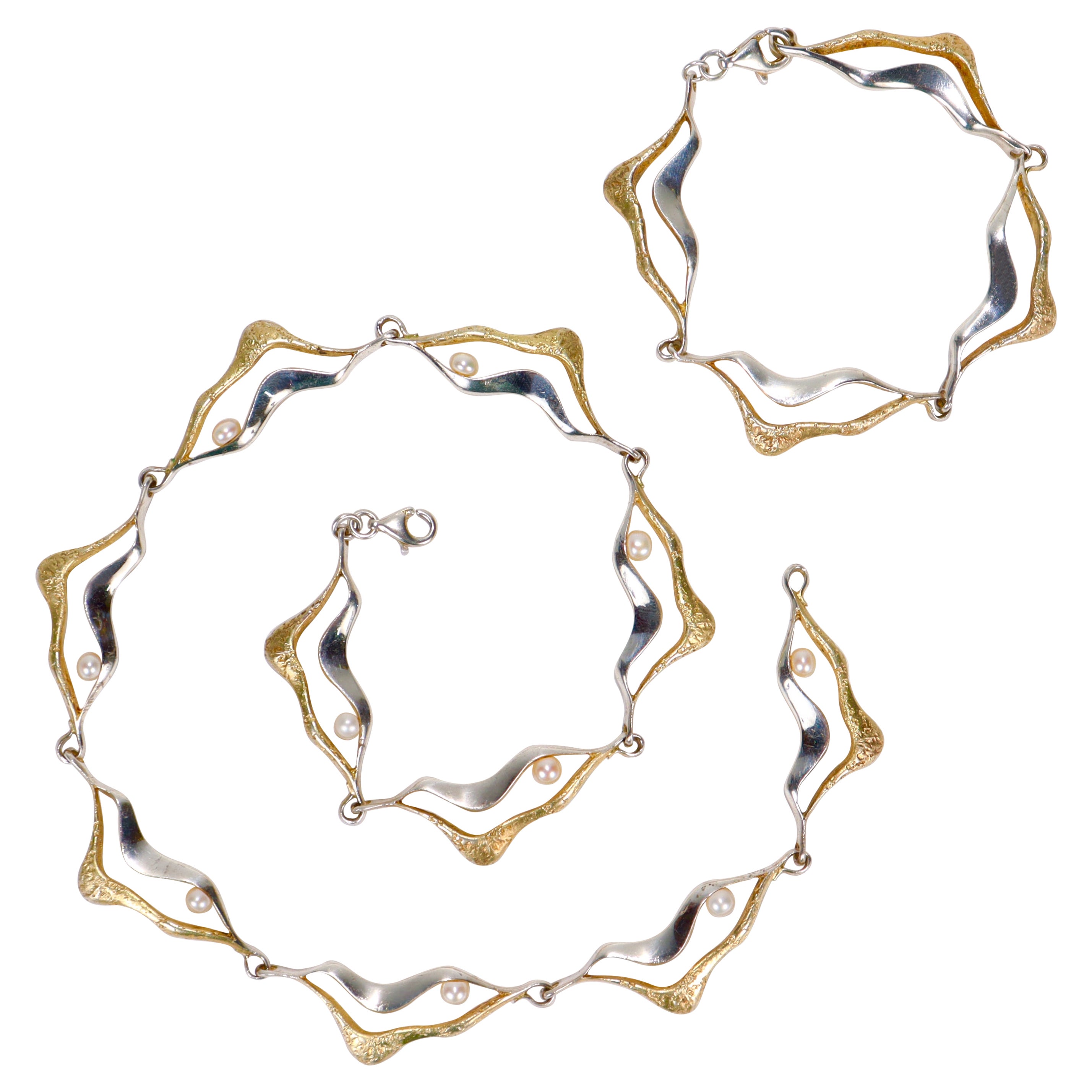 Mid-Century Modern Gilt Sterling Silver & Pearl Link Necklace & Bracelet Parure For Sale