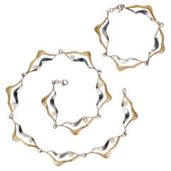 Mid-Century Modern Gilt Sterling Silver & Pearl Link Necklace & Bracelet Parure