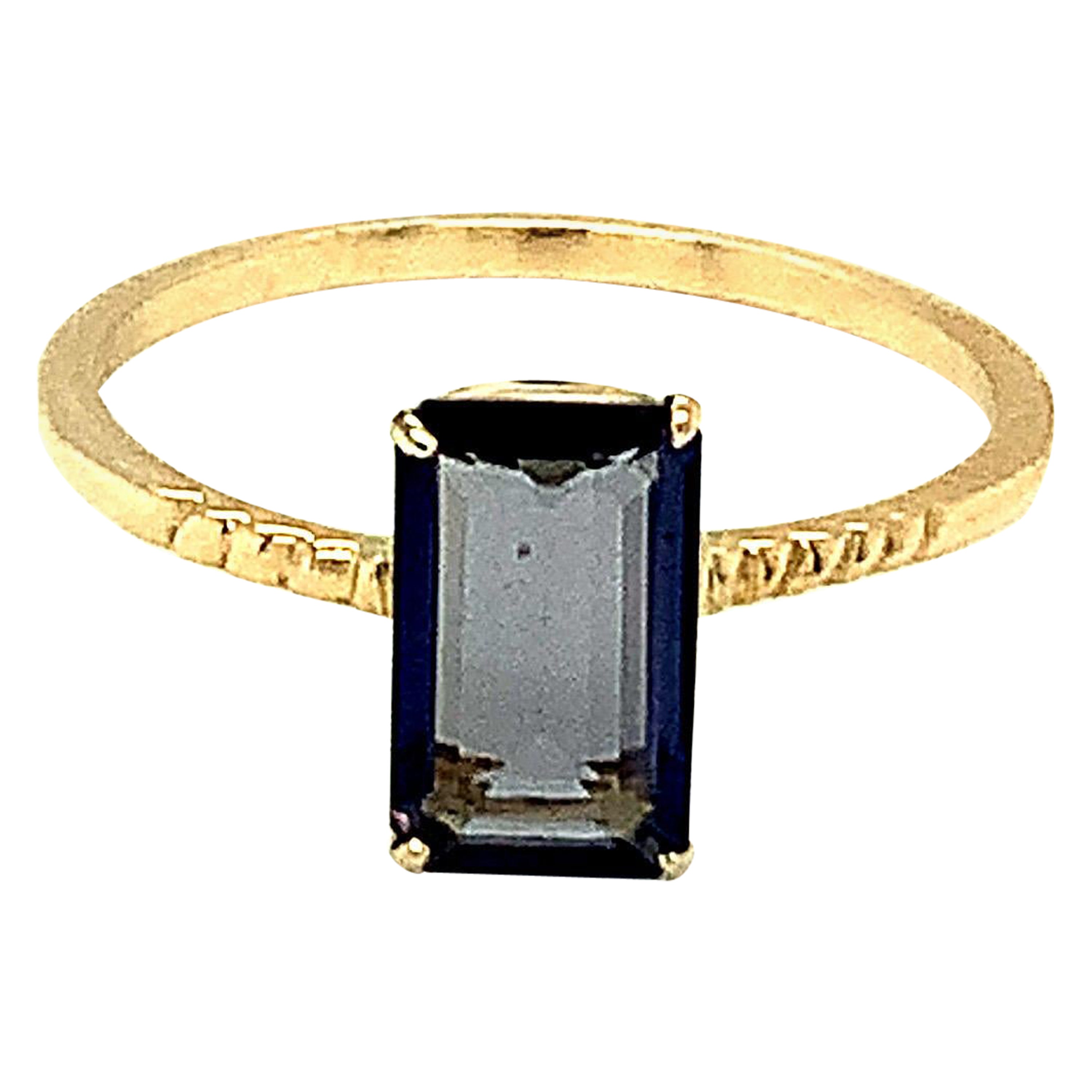 Emerald Cut Iolite 14K Yellow Gold Thin Band Ring For Sale