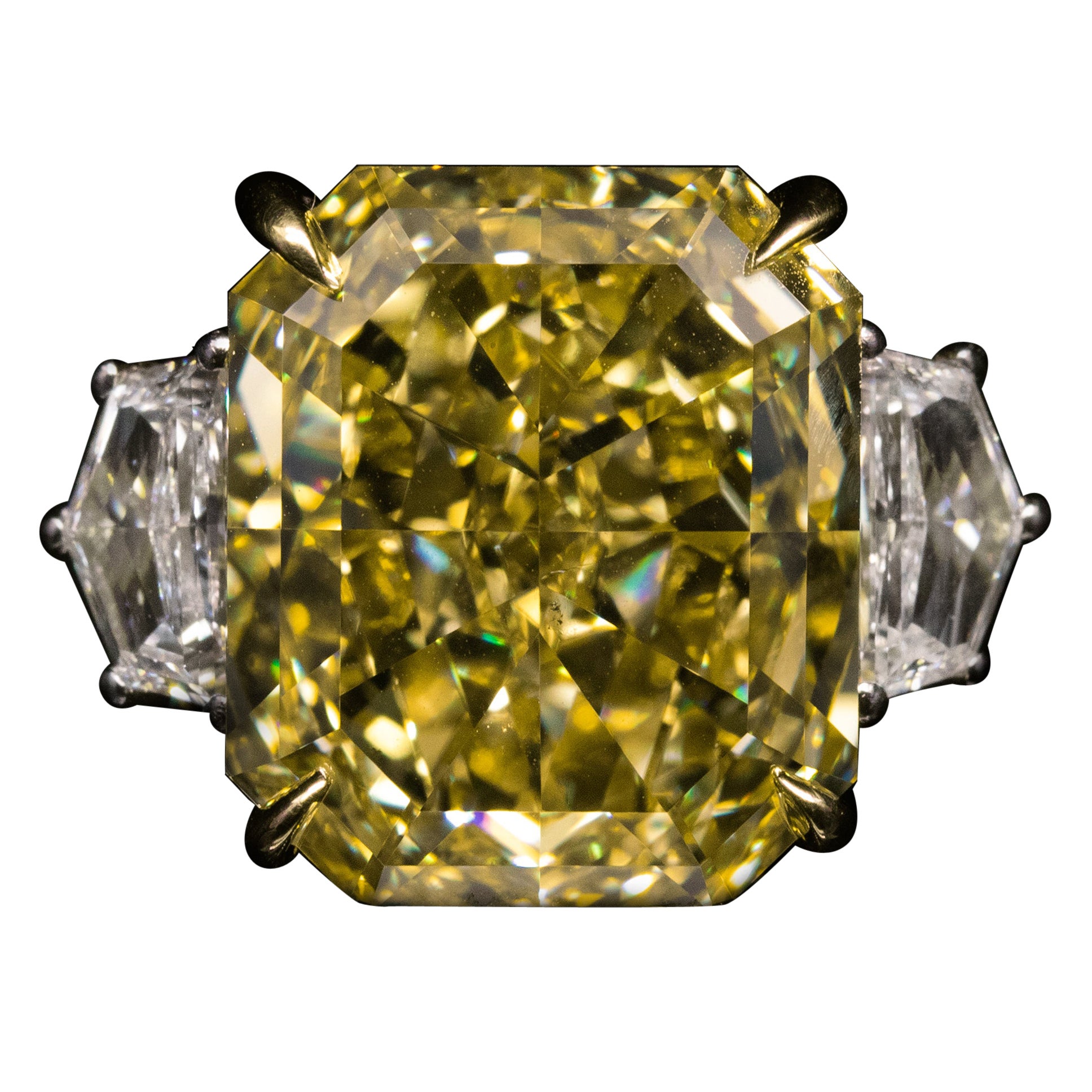 GIA Certified 15.02ct Fancy Intense Yellow Radiant Diamond ring For Sale