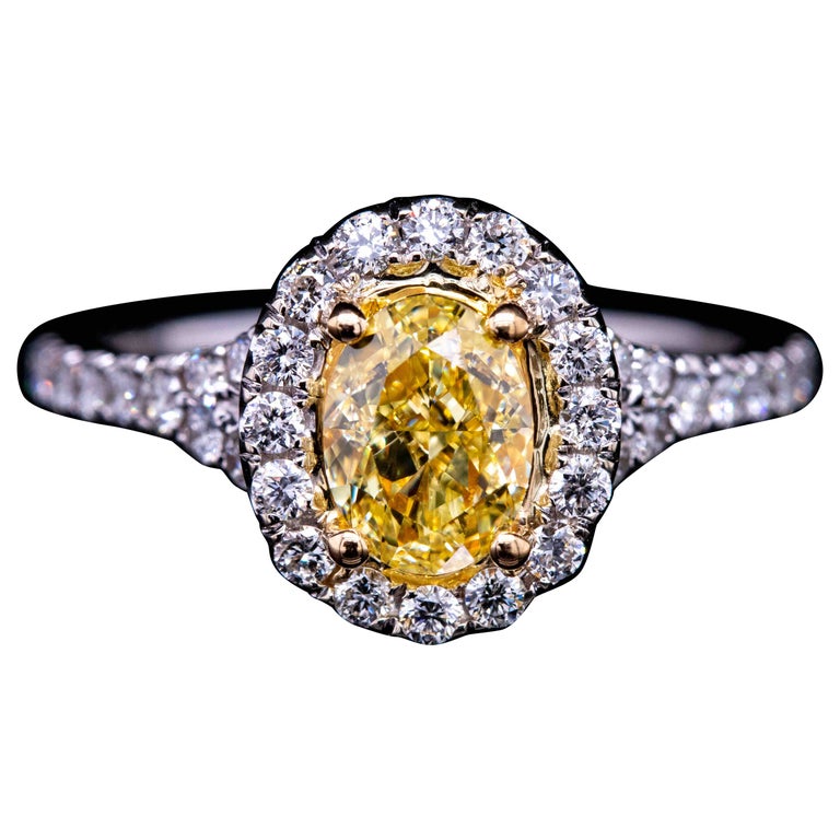 GIA Certified 1.00ct Fancy Yellow Oval Diamond Ring For Sale at 1stDibs
