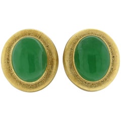 Buccellati Large Jade Gold Cabochon Earrings