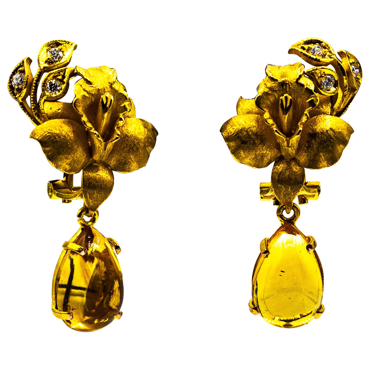 Art Nouveau Style White Diamond Citrine Yellow Gold Clip-On Drop Earrings For Sale