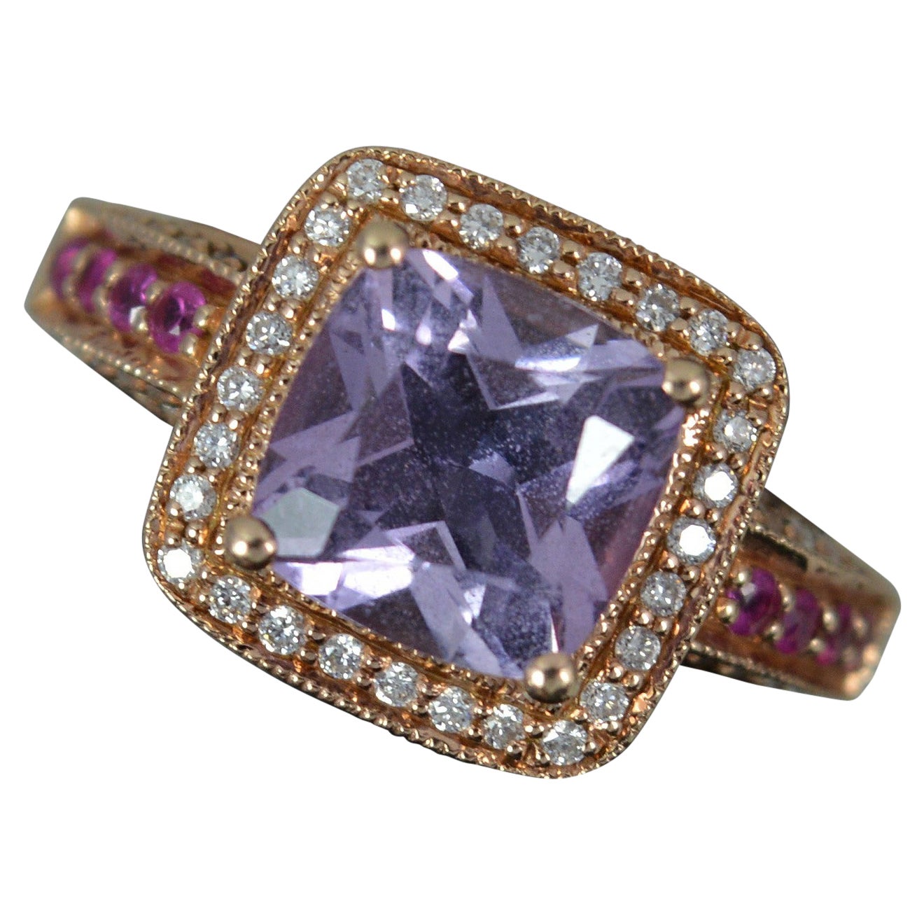 Le Vian 14ct Rose Gold Amethyst Diamond and Ruby Cluster Engagement Ring For Sale