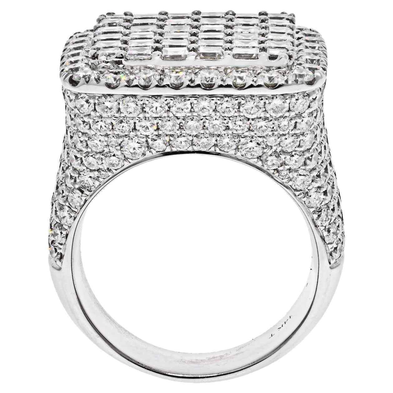14K White Gold 11 Carat Round And Square Cut Cluster Diamond Mens Ring For Sale