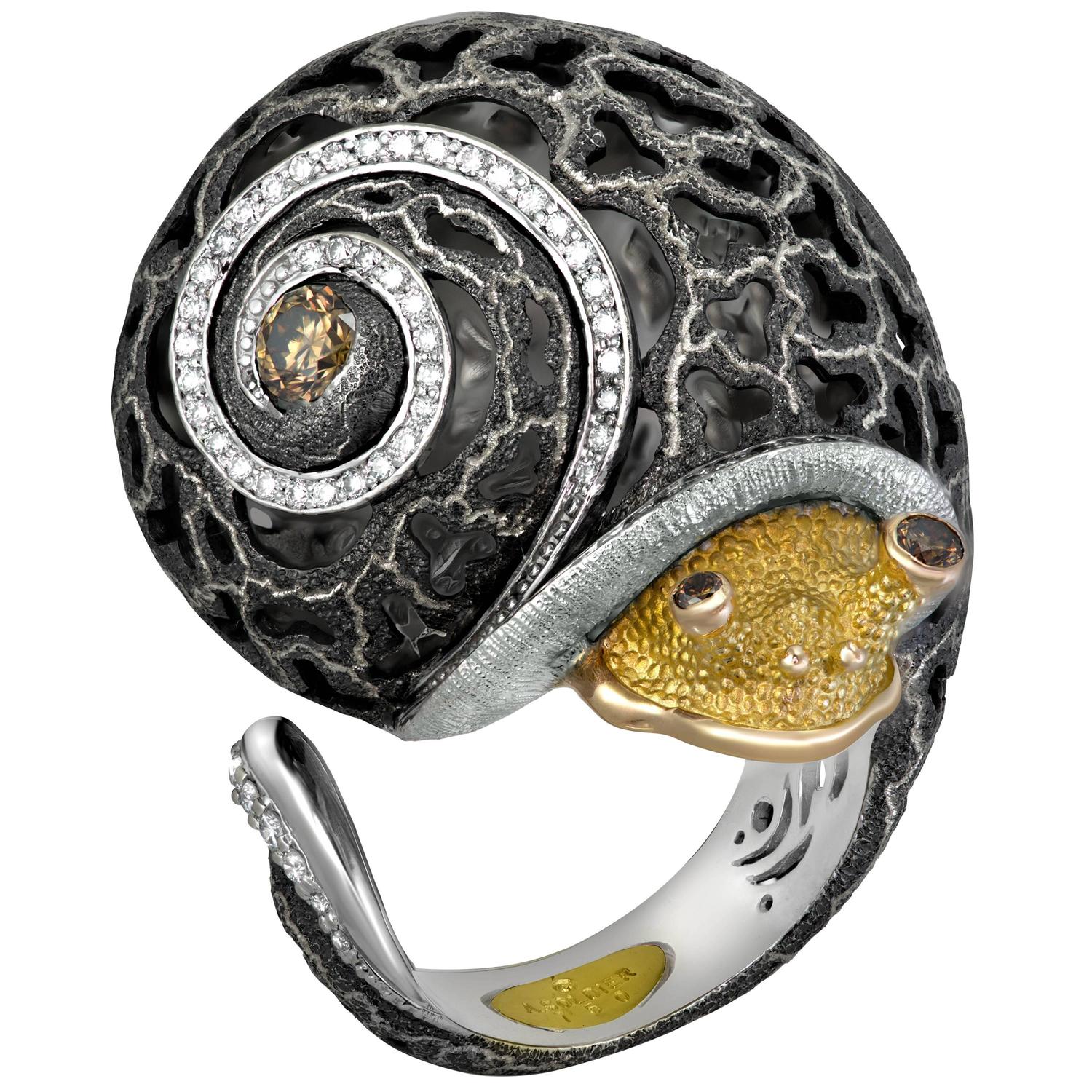Diamonds and Gold Snail Ring w Signature Open Work by Alex Soldier Ltd