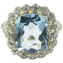 Gorgeous Antique Aquamarine Diamond Gold Platinum Ring