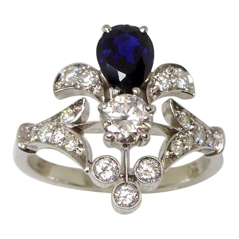 Floral Ring Set with Diamonds and Sapphire 1960s