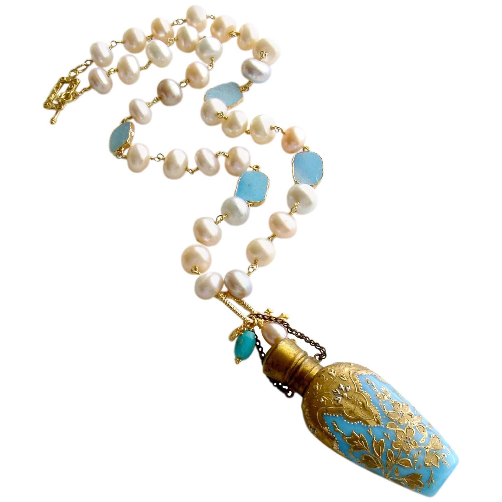 Gilt Embossed Blue Opaline Pearl Chatelaine Scent Bottle Necklace 