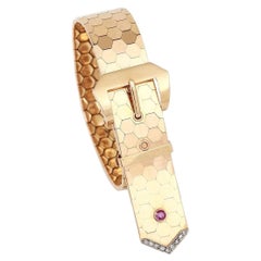 Bracelet à boucle en or jaune 18 carats avec diamants et saphirs roses, milieu du siècle dernier