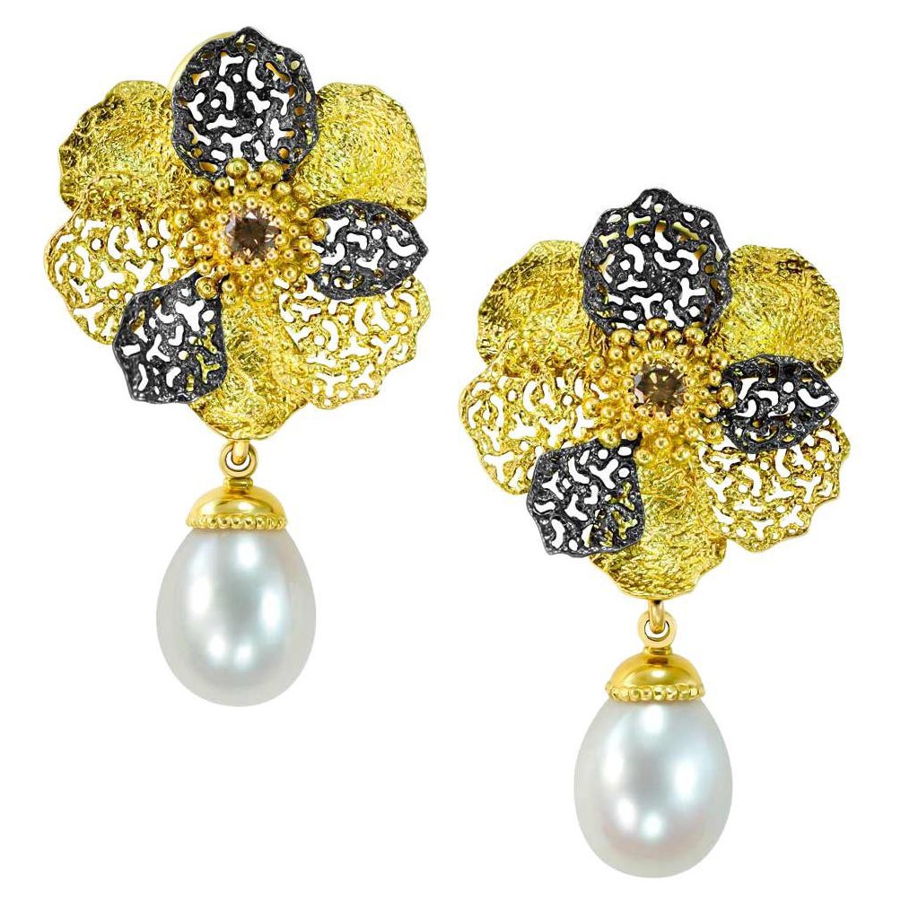 Alex Soldier Pearl Diamond 18 Karat Gold Convertible Flower of Life Earrings