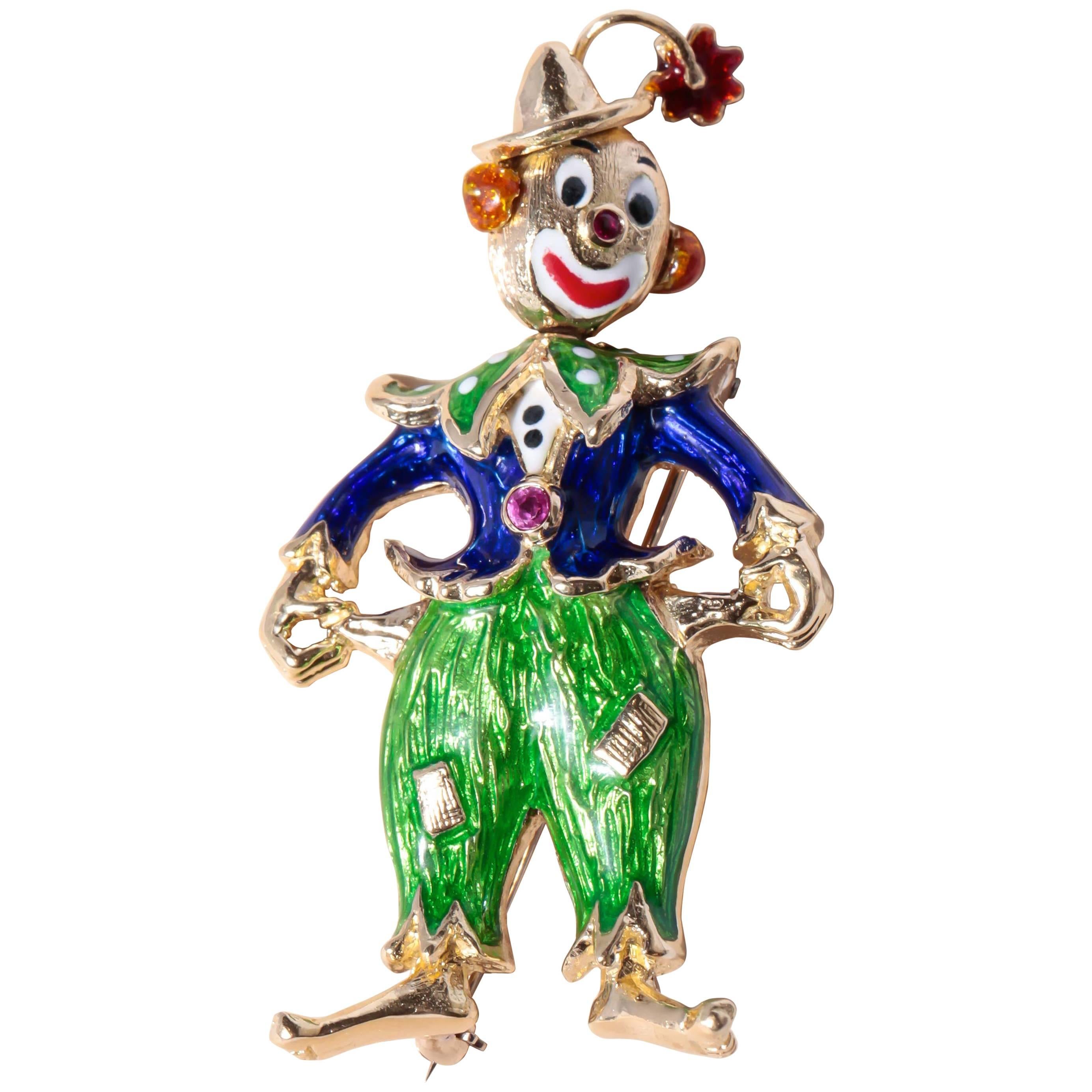 Enamel Ruby Gold Clown Brooch