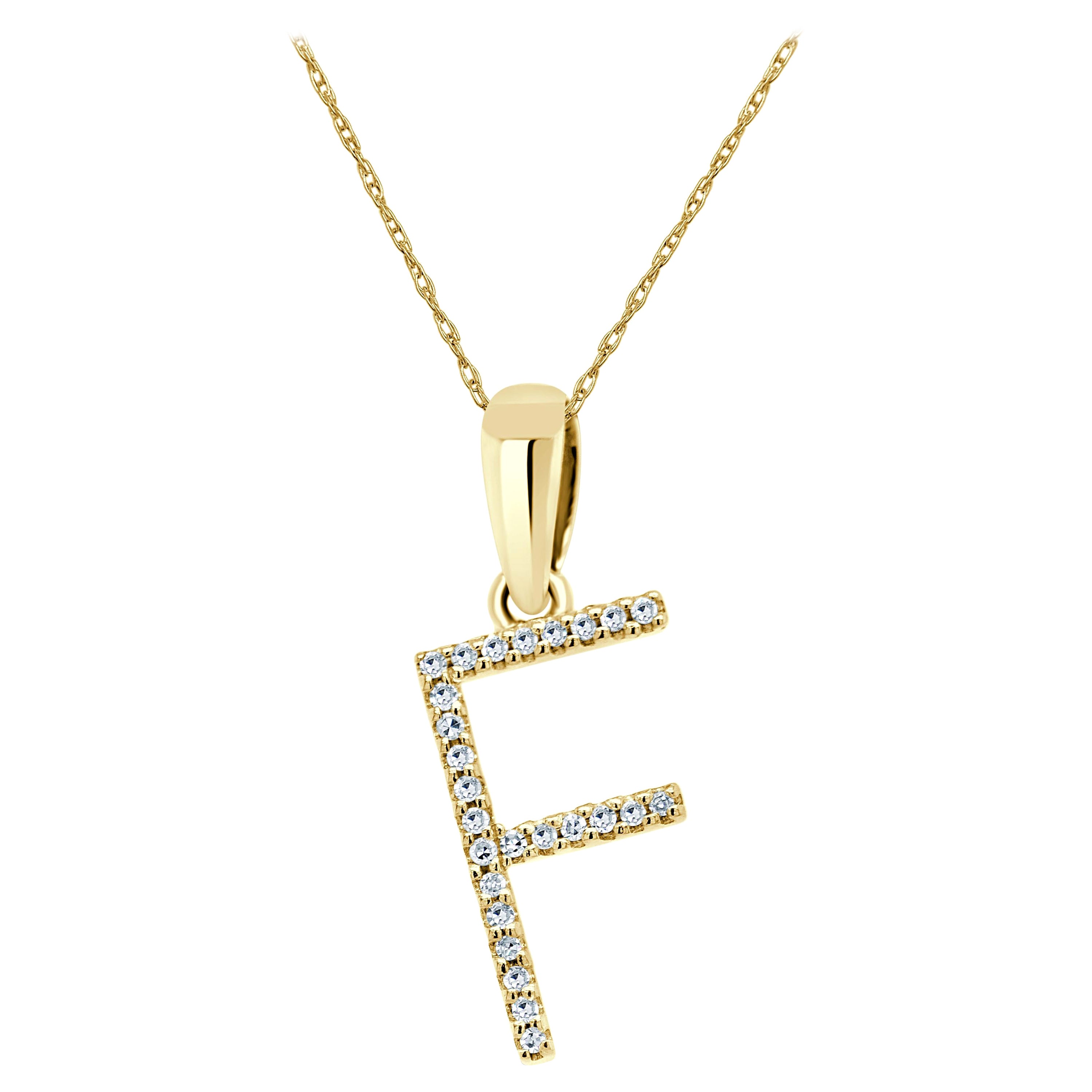 14K Yellow Gold 0.10ct Diamond Initial F Pendant for Her For Sale