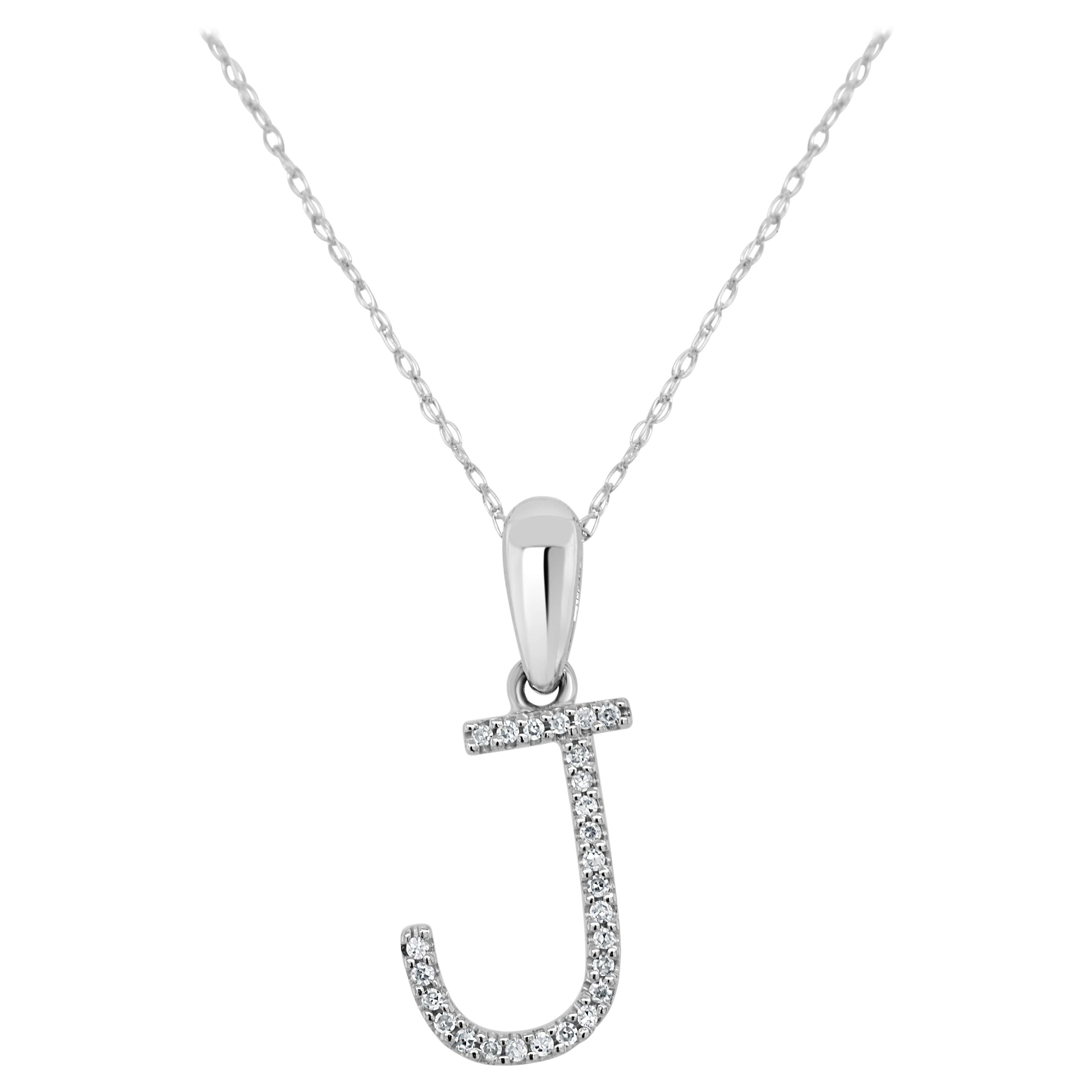 14K White Gold 0.10ct Diamond Initial J Pendant for Her For Sale