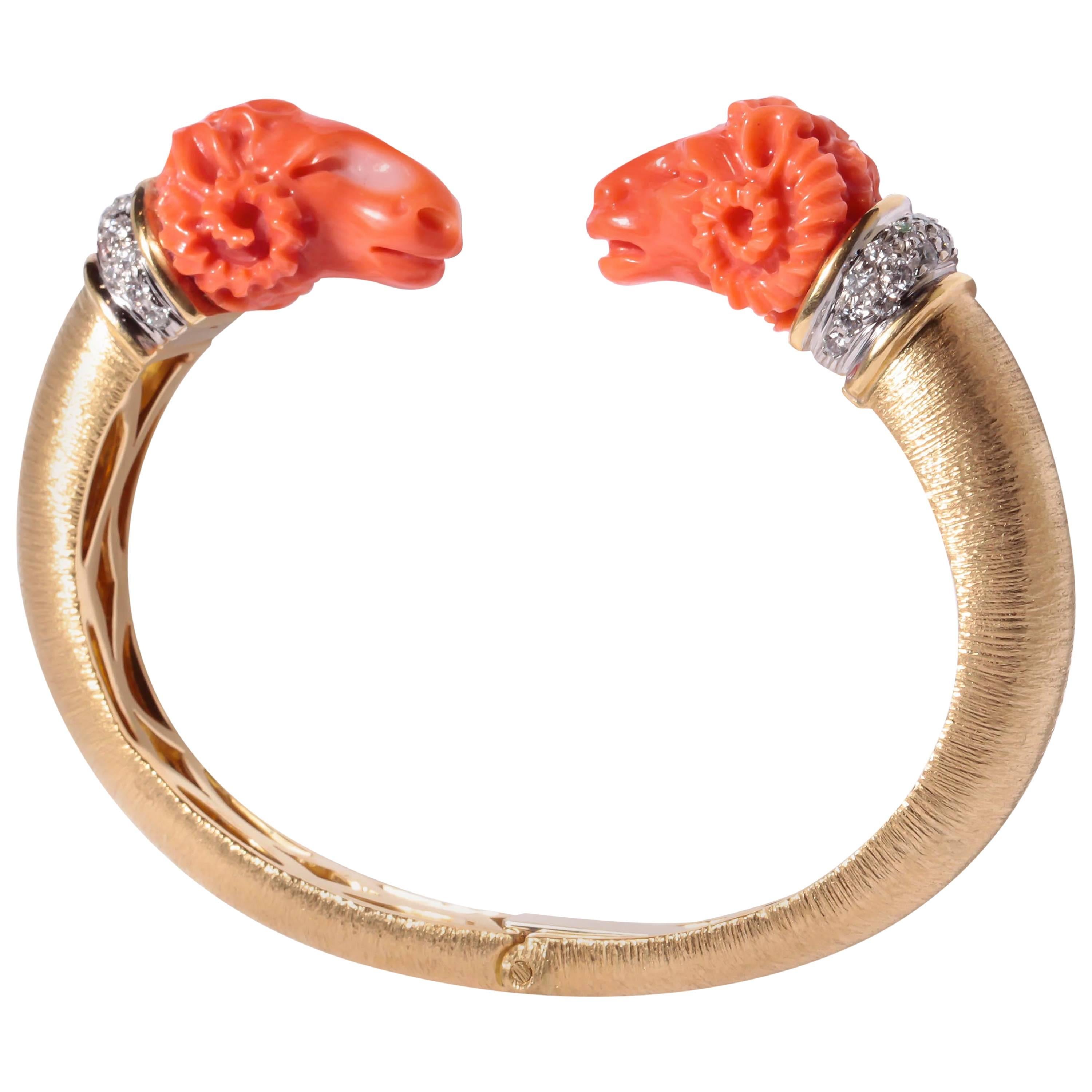 Sal Praschnik Coral Ram's Head Diamond Gold Cuff Bracelet For Sale