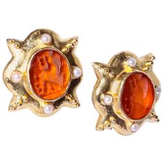 Vintage Elizabeth Locke Intaglio Coral Pearl Gold Earrings