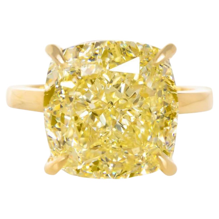 GIA Certified 4 Carat Fancy Intense Yellow Cushion Cut Diamond Yellow Gold Ring
