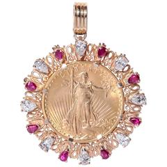 St Gaudens US $20.00 gold piece surrounded with Rubys and Diamonds Pendant