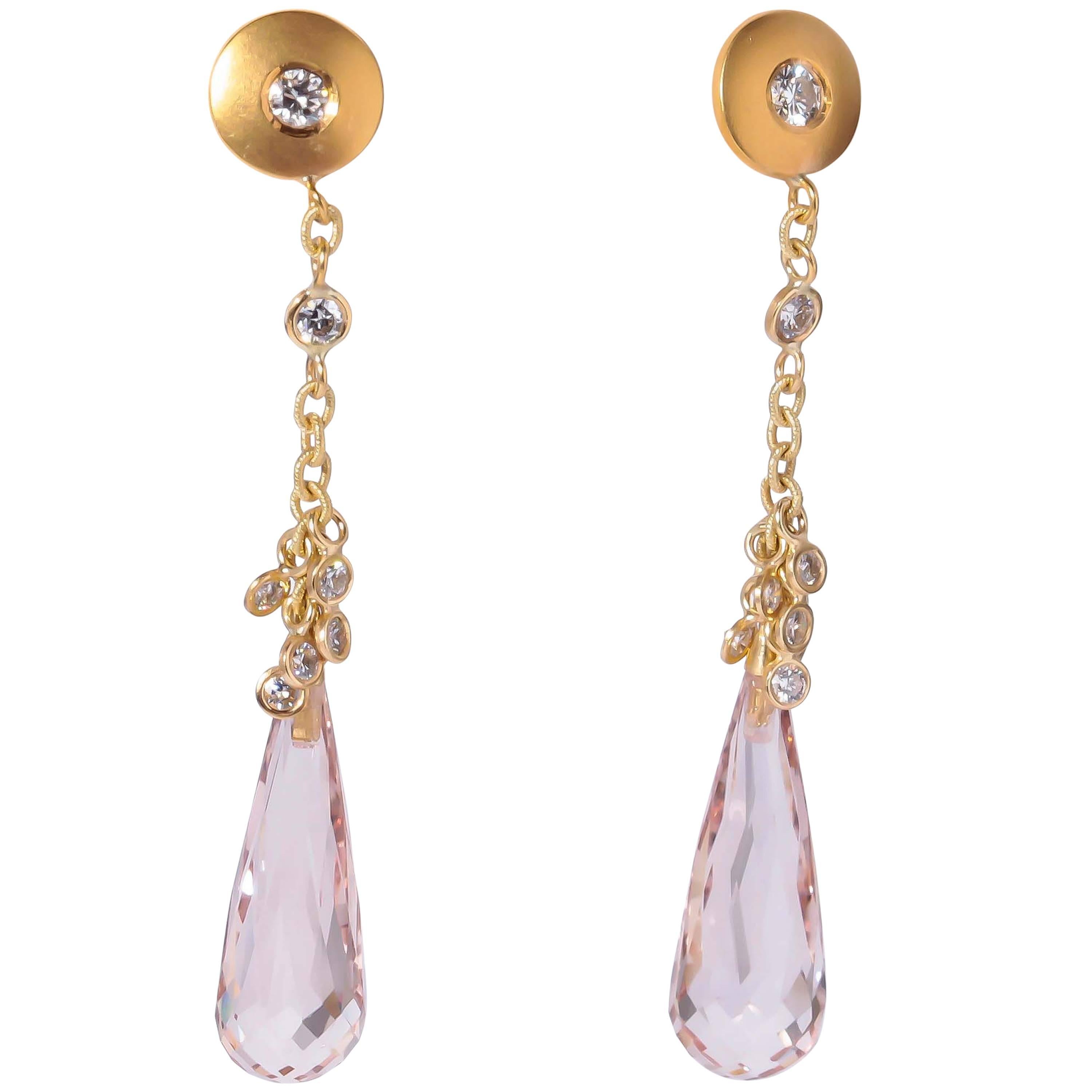 Susan Sadler Morganite Diamond Gold Drop Earrings For Sale