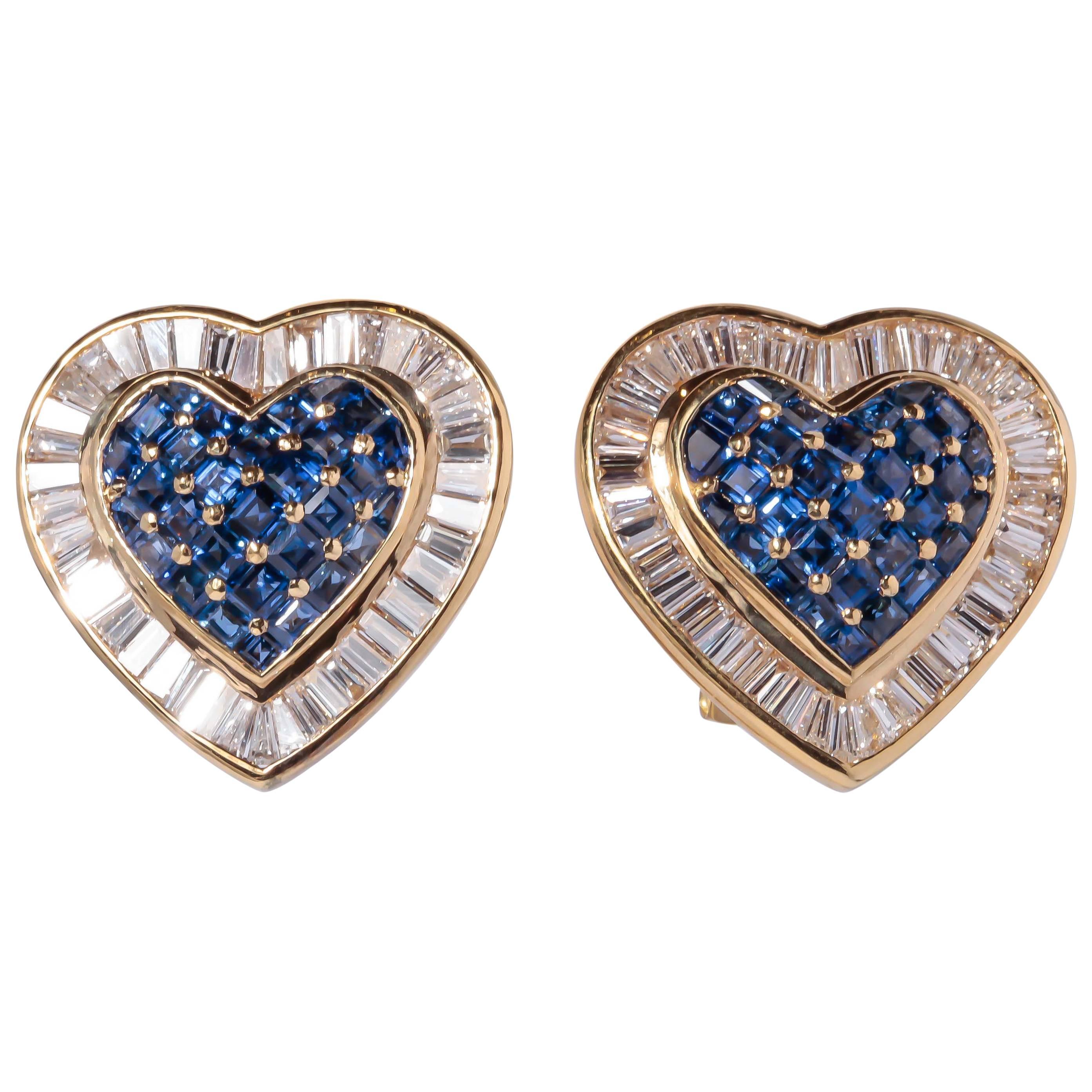 Heart Sapphire Diamond Gold Earrings For Sale
