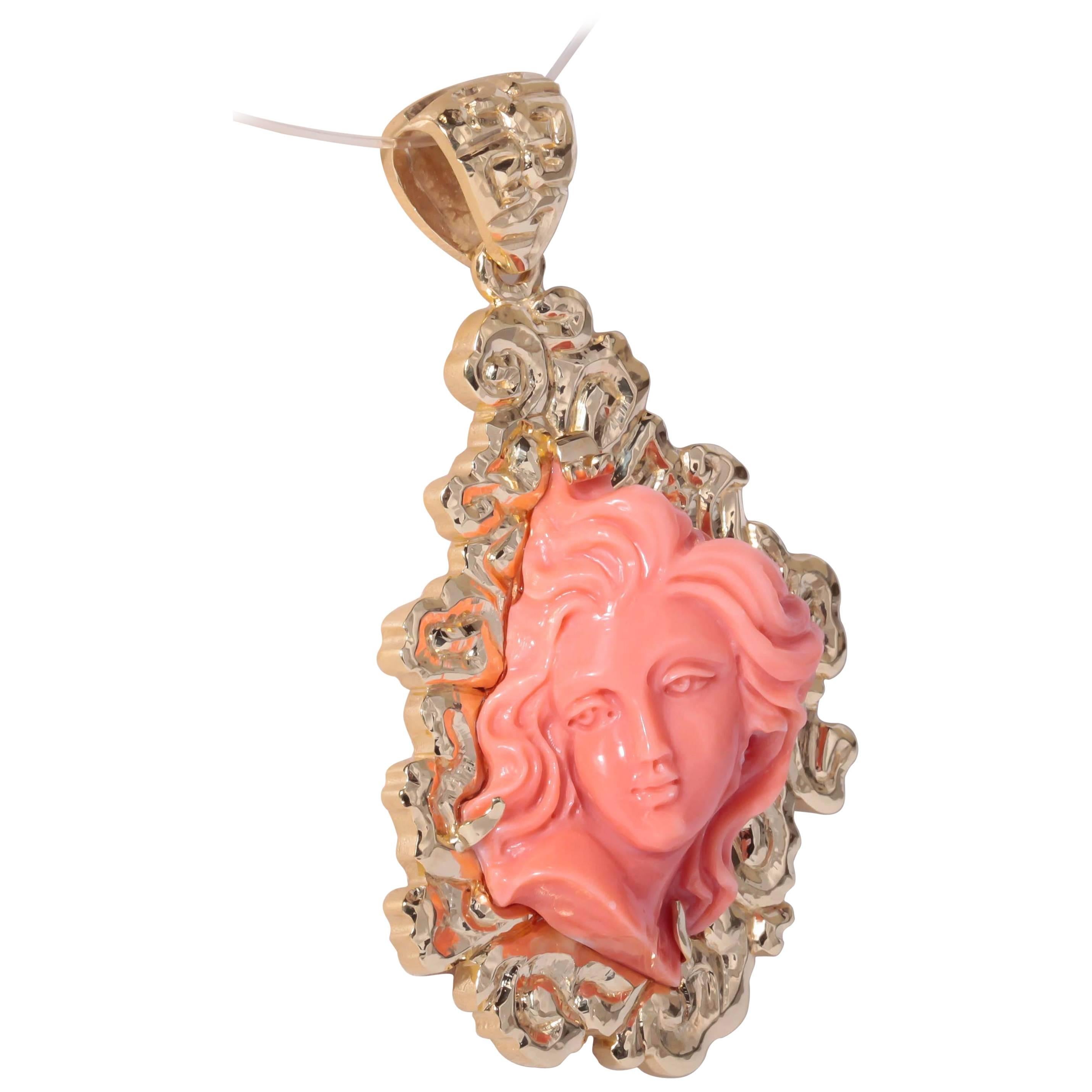 Coral Carved Cameo Gold Pendant For Sale