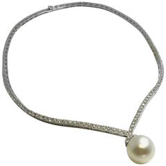 Drop Shaped Cultured Pearl 4 Carats Diamonds Necklace 