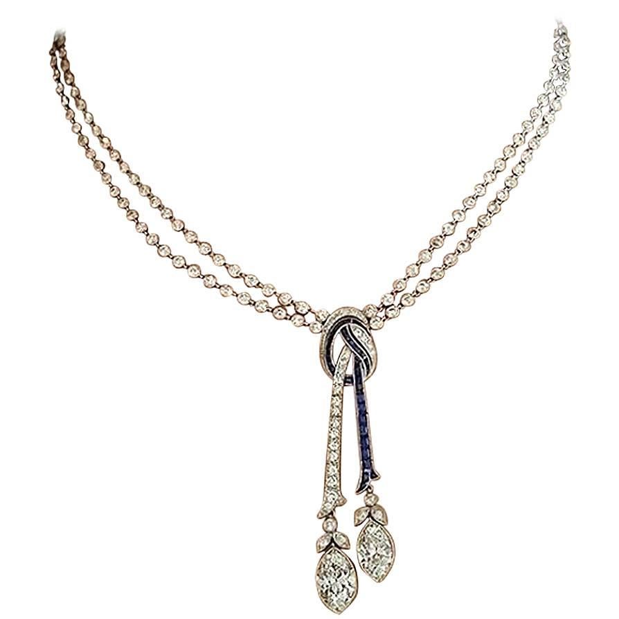 Art Deco Sapphire Diamond Negligee Necklace with Large Old Oval Cut Diamonds