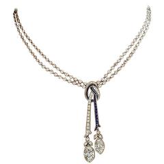 Antique Art Deco Sapphire Diamond Negligee Necklace with Large Old Oval Cut Diamonds