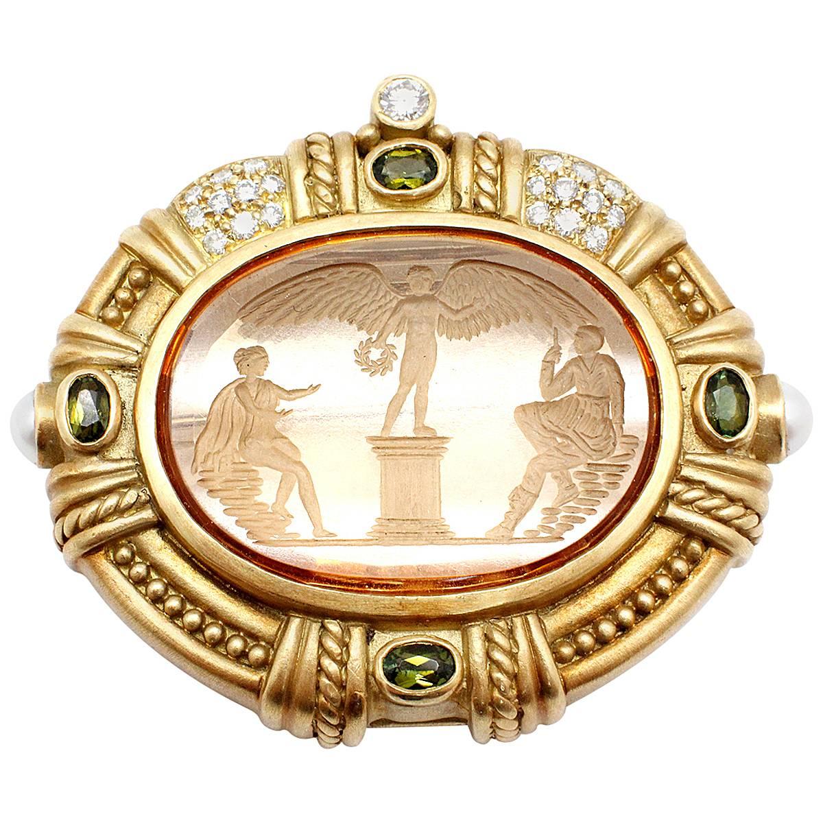Judith Ripka Pearl Citrine Peridot Diamond Gold Grecian Pin Brooch For Sale