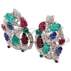 Carved Tutti Frutti Motif Sapphire, Ruby, Emerald, & Diamond Earrings