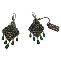 Antique Style Earrings 9Kt Gold, Diamonds, Emeralds, 1970s