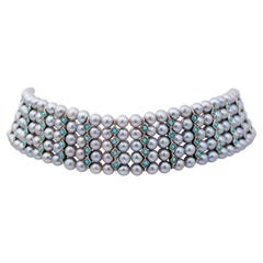 Chocker-Halskette aus grauen Perlen, Türkis, Roségold und Silberperlen mit Perlen