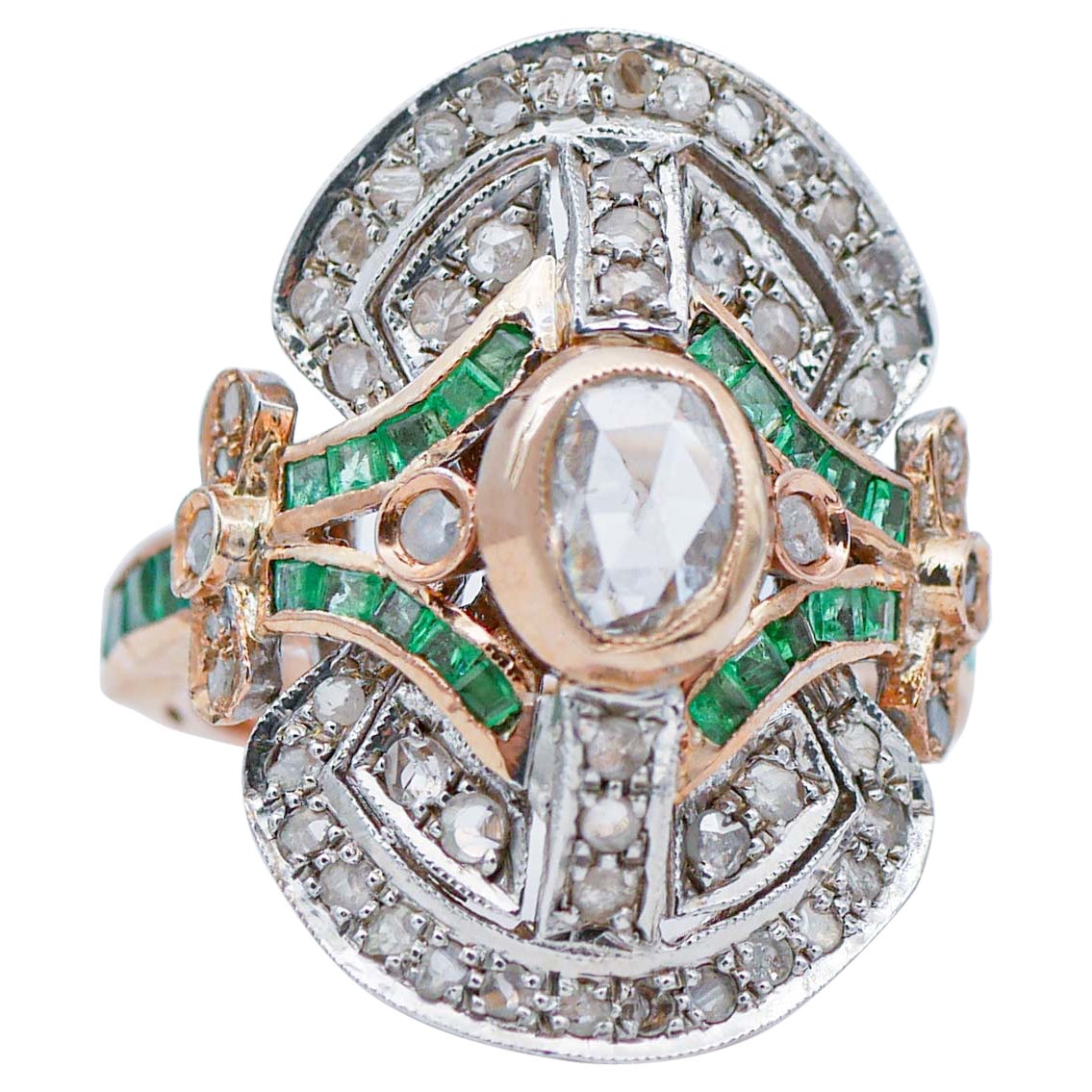 Emeralds, Diamonds, 14 Karat Rose Gold and Silver Retrò Ring For Sale