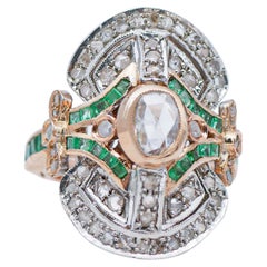 Vintage Emeralds, Diamonds, 14 Karat Rose Gold and Silver Retrò Ring