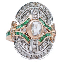 Emeraudes, diamants, bague Retrò en or rose 14 carats et argent