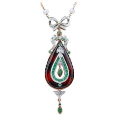 Stone, Emeralds, Diamonds, Pearls, Rose Gold and Silver Pendant Necklace